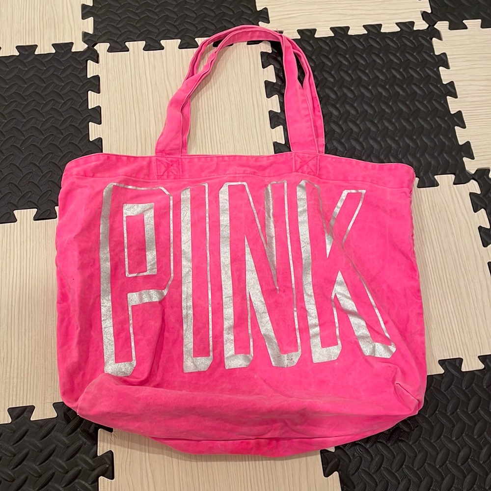Pink large tote with metallic pink lettering